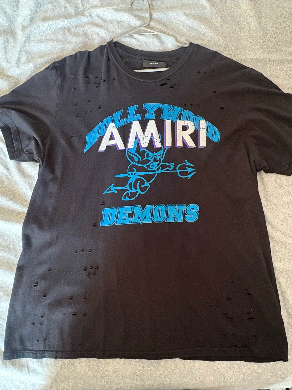 AMIRI Black Graphic 'Demons' Tee with Blue & White Logo
